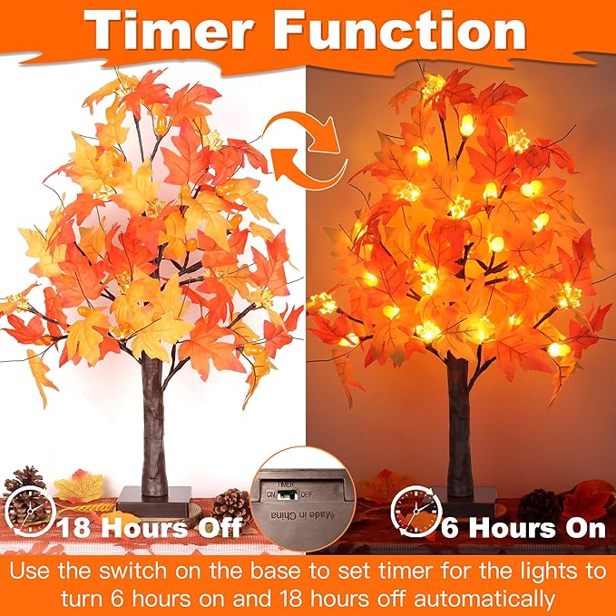 2 Pack 24 Inch Prelit Fall Maple Tree Fall Decor with 48 LEDs Timer Battery Operated Artificial Fall Light Up Tree Maple Acorn for Fall Thanksgiving Decorations Table Home Office Indoor Autumn Harvest-CasaMuseHome