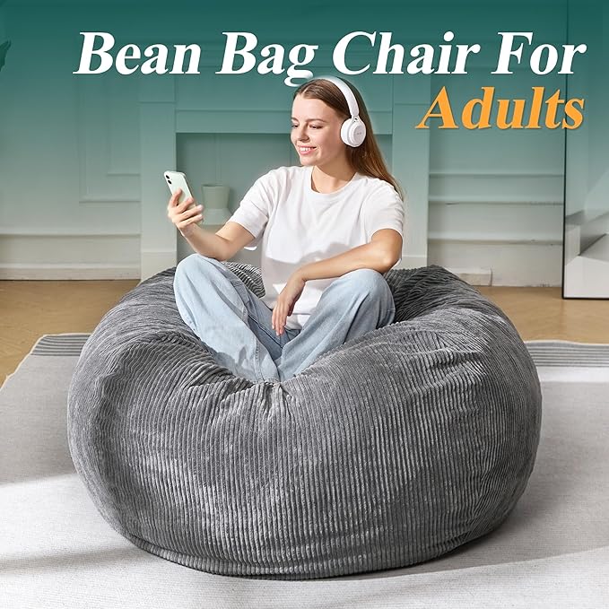 3.5FT Bean Bag Chairs Teardrop Bean Bag Chair for Adults Beanbag Chair with Memory Foam Filled Machine Washable Cover for Living Room, Bedroom (Large,Grey)-CasaMuseHome