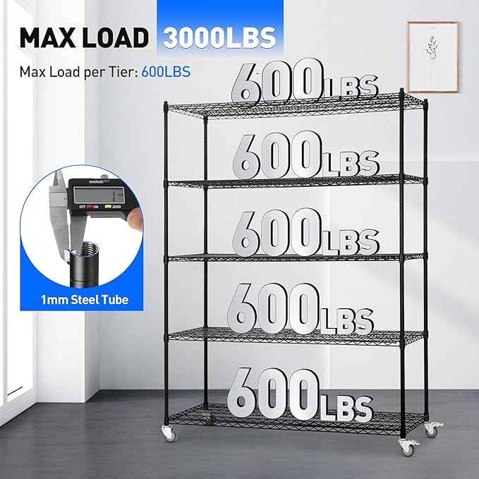 5 Tier Wire Shelf Shelving Unit, 60"x 24"x82" Metal Storage Shelves, Heavy Duty Garage Storage Shelves with Wheels, Chrome 3000LBS Capacity Wire Shelf Rack for Restaurant, Garage, Pantry, Kitchen-CasaMuseHome