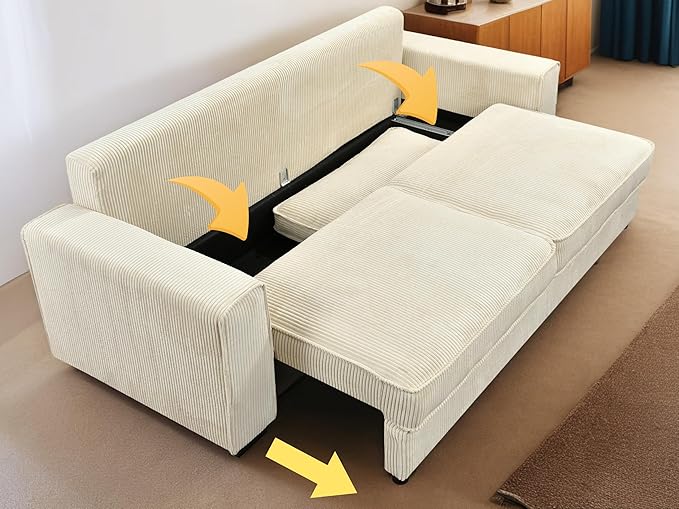 91-Inch Corduroy Pull Out Couch with Storage, Convertible Queen Sleeper Sofa with Pull Out Bed, Hide a Bed Couches for Bedroom, Guest Room, Apartment, Small Places, RV (Beige)-CasaMuseHome