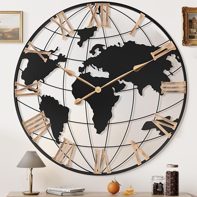36 Inch Extra Giant Oversized Black Metal Wall Clock,Large Modern Decorative Silent World Map Wall Clock with Vintage Gold Roman Numeral for Living Room,Entrance Fireplace,Dining Room Decor-CasaMuseHome
