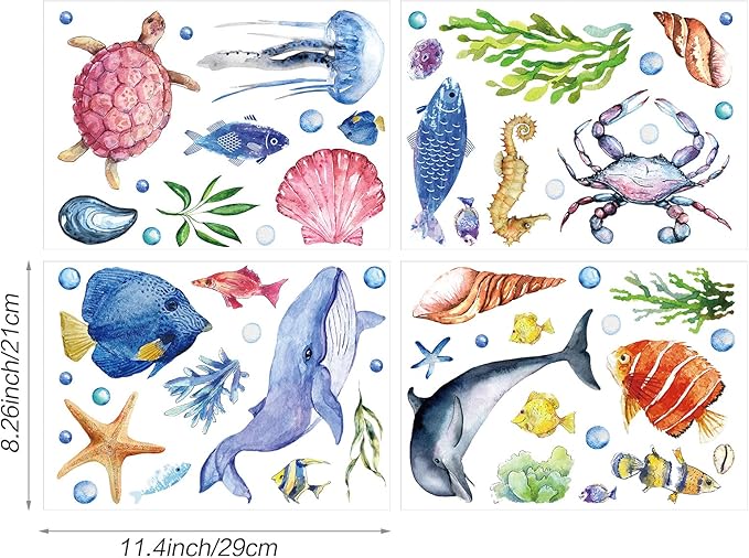 52 Pcs Ocean Fish Wall Decals Glow in The Dark Under The Sea Wall Decals Sea Animals Stickers Removable Waterproof Peel and Stick for Kids Bathroom Watercolor Ocean Decor(Cute Style)-CasaMuseHome