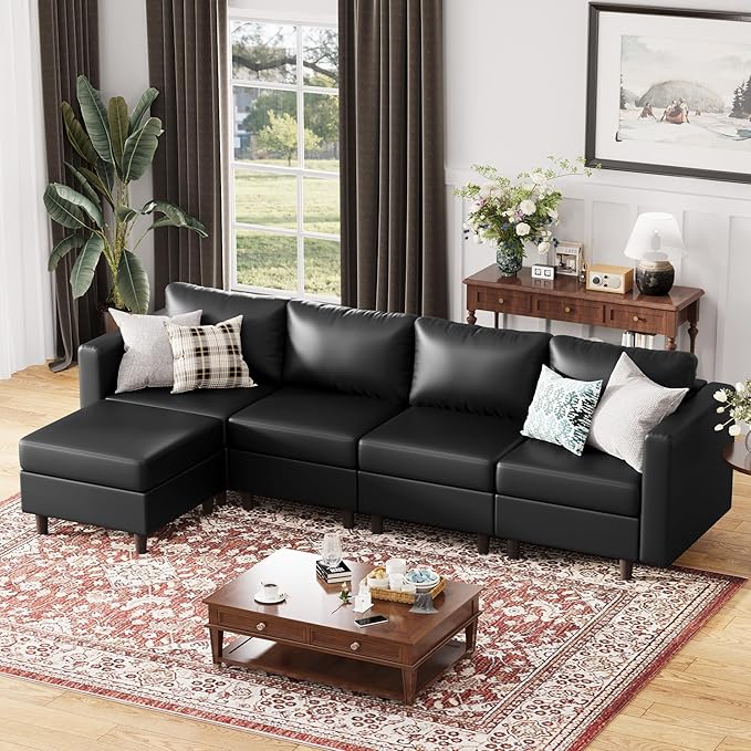 118.5" Faux Leather Modular Sectional Sofa, L Shaped Couch Set for Living Room, 5-Seater Comfy Cloud Couches with Movable Storage Ottoman,DIY Combination - Black-CasaMuseHome