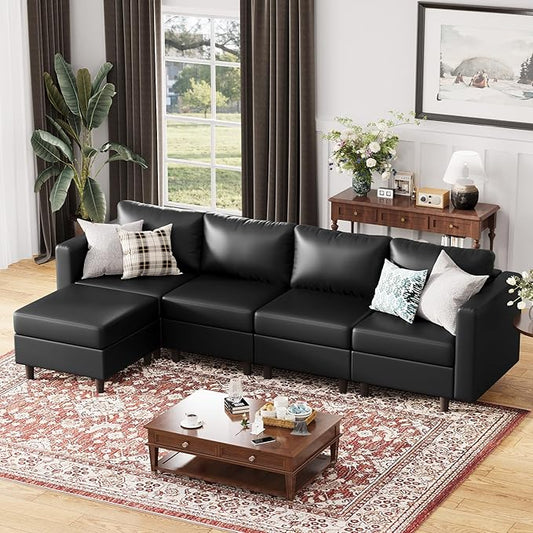 118.5" Faux Leather Modular Sectional Sofa, L Shaped Couch Set for Living Room, 5-Seater Comfy Cloud Couches with Movable Storage Ottoman,DIY Combination - Black-CasaMuseHome