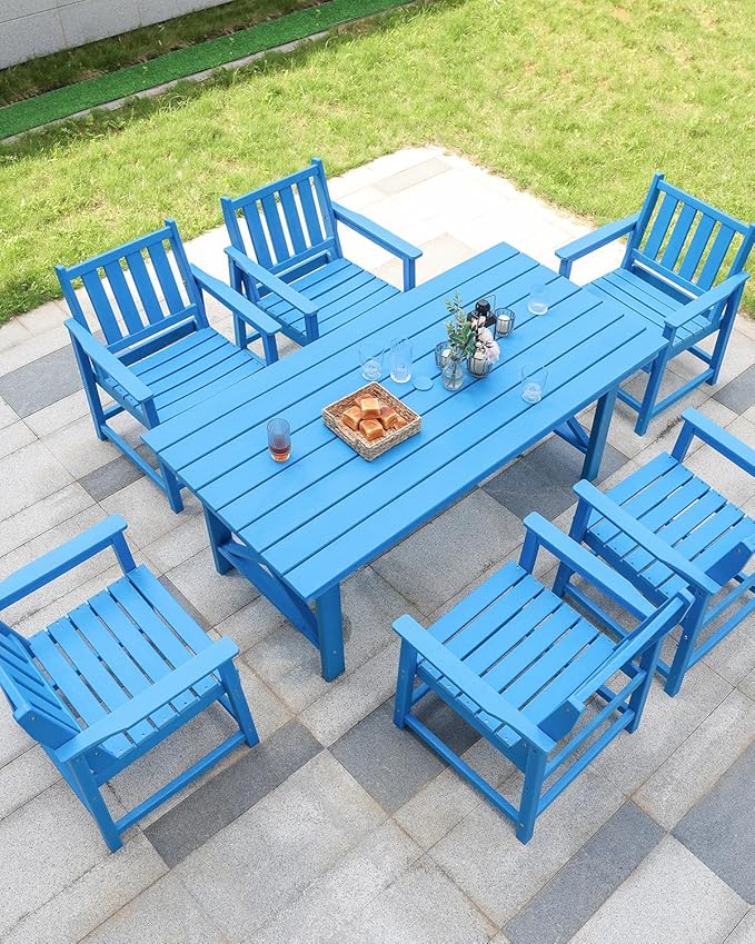 7 Pieces HDPE Outdoor Dining Set, Patio Dining Set with Umbrella Hole, All Weather Outdoor Dining Table Sets for 6, HDPE Patio Furniture Sets for Deck, Backyard, Lawn, and Poolside, Sky Blue-CasaMuseHome