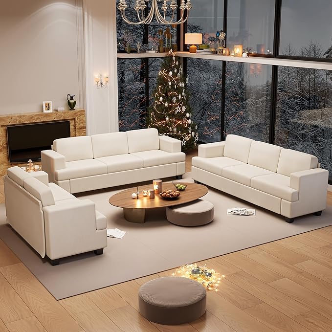 3 Pieces Corduroy Couch Set for Living Room, 3 Seater*2 & Loveseat Cloud Sofa, Deep Seat Floor Couch for Bedroom, Futon Modern Sofa Bed, White Corduroy-CasaMuseHome