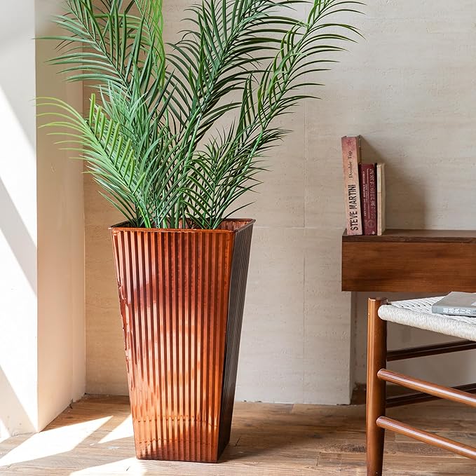 22in Vintage Handmade Metal Vertical Lines Copper Tapered Planters,Planter Box with Drainage Holes and Saucer -Set of 2, Galvanized Steel Planter for Indoor/Outdoor/Porch/Garden-CasaMuseHome