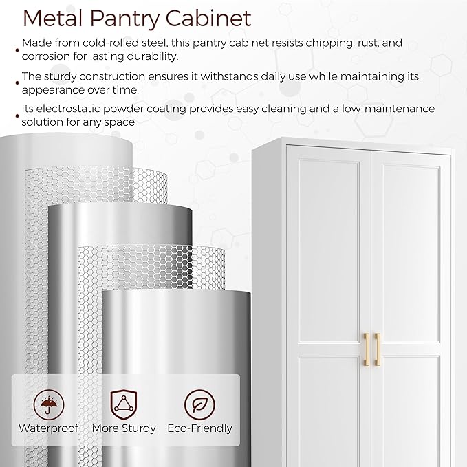 71" Tall Metal Pantry Cabinet, White Kitchen Pantry Storage Cabinet with 4 Adjustable Shelves and Gold Handles, Cupboard for Kitchen, Dining Room, Living Room, Bathroom-CasaMuseHome