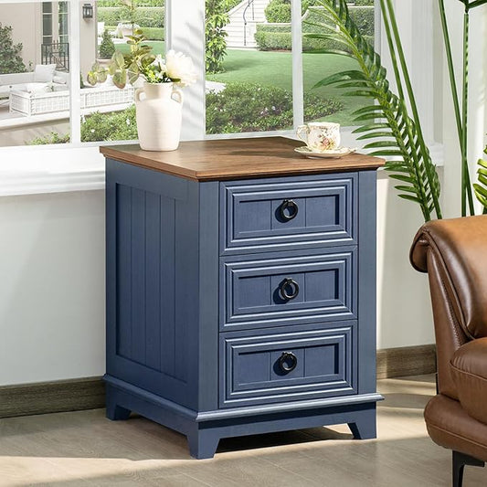 18" Farmhouse Night Stand with 3 Drawers, Wood End Table Dresser for Bedroom, Navy Blue Nightstand, Bed Side Table with Metal Handle, Bedside Cabinet for Bedroom Living Room, Closet-CasaMuseHome