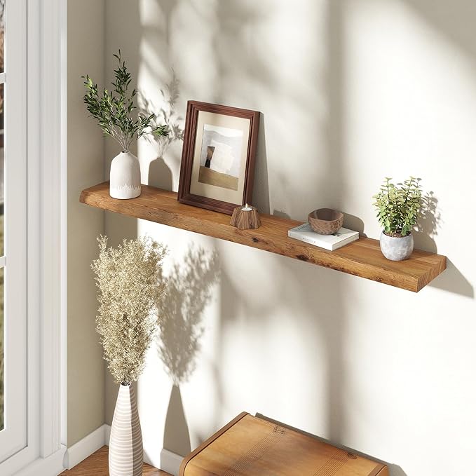 55" Floating Shelves, Live Edge Elm Wood Floating Shelf for Wall, Wall-Mounted Display Shelves with Invisible Heavy-Duty Bracket, Long Floating Shelf for Bathroom, Kitchen, Living Room, Natural Color-CasaMuseHome