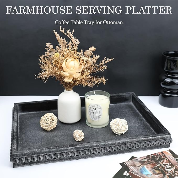 Rectangle Wood Serving Tray with Beads, Black Washed Wooden Decorative Tray for Entertaining, Decoration, and Gifting-CasaMuseHome