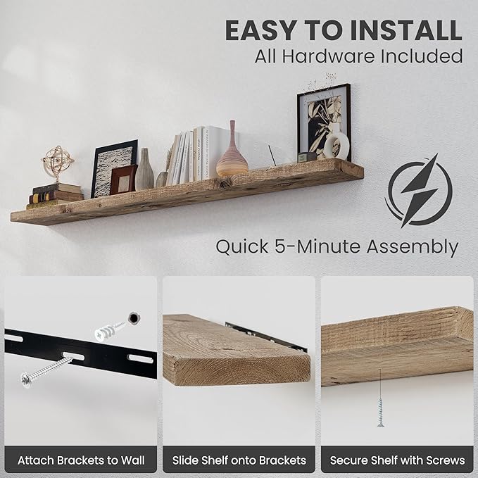 72 inch Floating Shelves for Wall, 8" Deep Rustic Reclaimed Barnwood Shelves, Floating Shelf Wall Hanging Shelves with Invisible Heavy-Duty Metal Bracket | Wall Mounted | Farmhouse Style, 1PC,Natural-CasaMuseHome