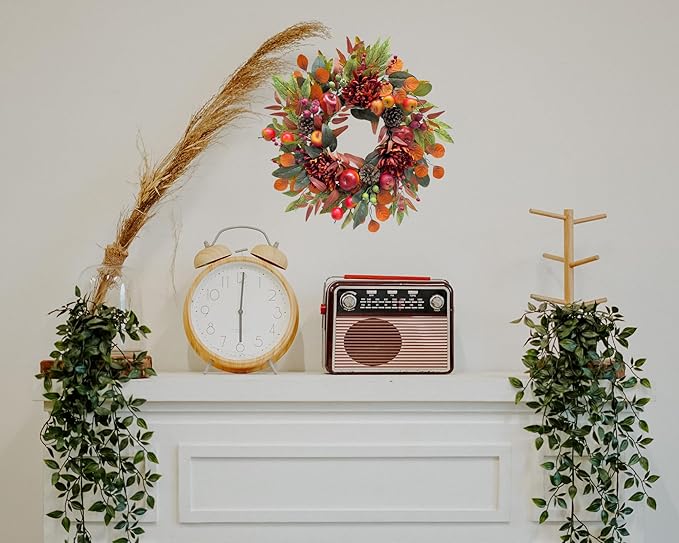 22 Inch Fall Chrysanthemum Wreath Harvest Floral Wreath with Apples Pinecones Berries and Eucalyptus Maple Leaves for Fall Thanksgiving Halloween Mantel Table Outdoor Front Door Wall Window-CasaMuseHome
