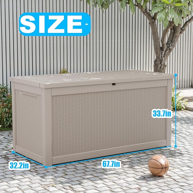 260 Gallon Large Resin Deck Box, Lockable Outdoor Storage Box for Patio Cushions Storage Furniture,Garden Tools, Pool Supplies, Weatherproof and UV Resistant- Grey Rattan (260 Gallon)-CasaMuseHome