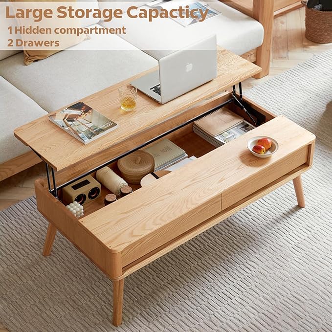 100% Solid Wood Lift Top Coffee Table for Living Room, Mid Century Modern Tables with Drawers and Large Storage, Oak Coffee Tables for Small Spaces (Oak Wood Log, 47.24" W x 23.62" D x 25.59" H)-CasaMuseHome