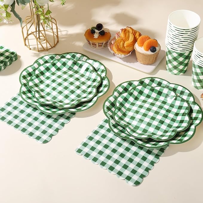 350 Pcs Green Gingham Plates and Napkins Party Supplies - Green and White Checkered Plates Sets Serve 50 Guests - Scalloped Gingham Paper Plate for Birthday Picnic BBQ Golf Party Decorations-CasaMuseHome