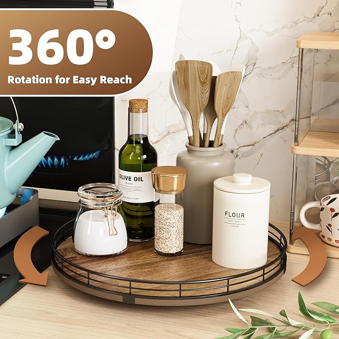 Acacia Wood 13" Lazy Susan Turntable Organizer for Table Top, Farmhouse Round Wooden Lazy Susan for Cabinet Kitchen Centerpieces Coffee Table, for Condiments Spices, Bathroom Vanity Tray Decor-CasaMuseHome