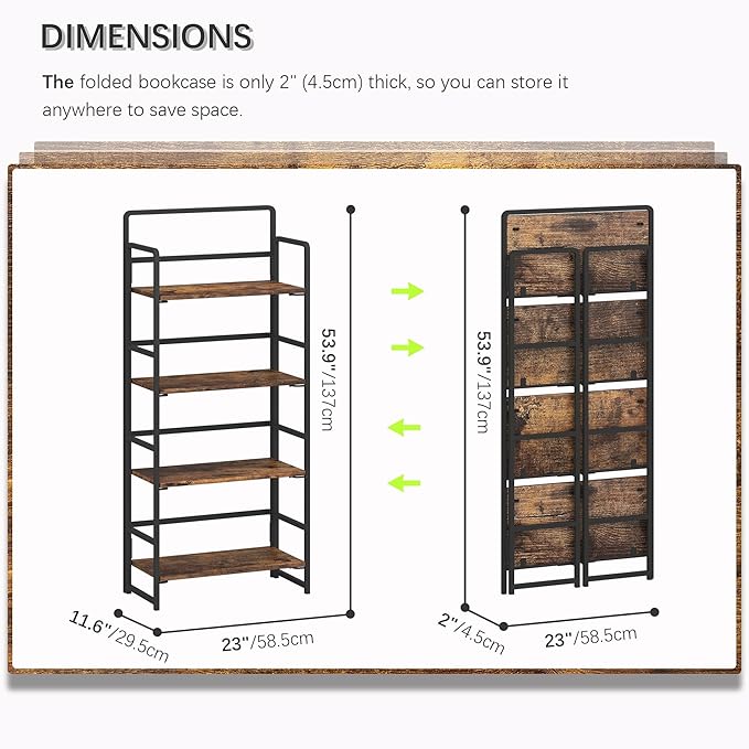 4NM No Assembly Foldable Bookshelf, 4-Shelf Collapsible Bookcase Storage for Small Spaces, 54" H, Rustic Brown and Black-CasaMuseHome