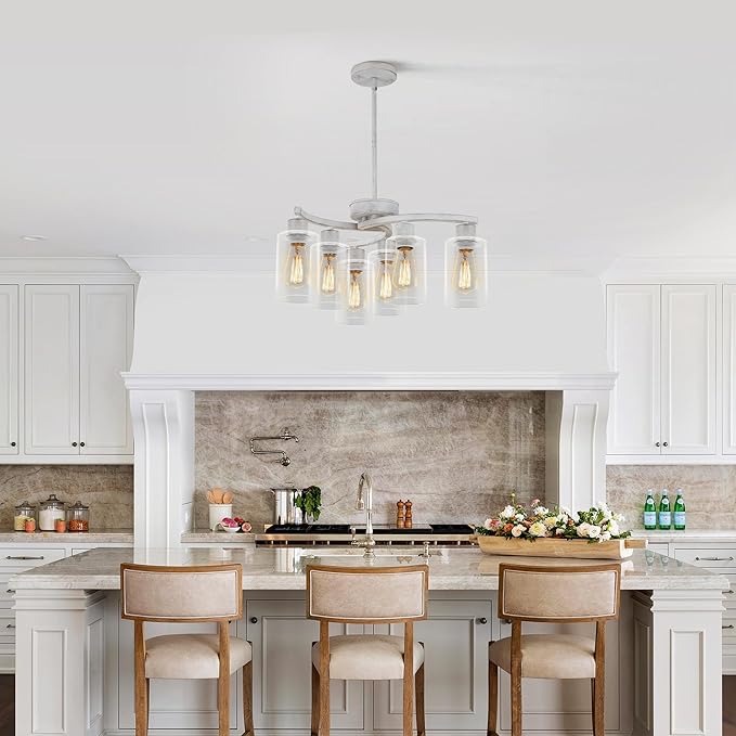 6-Light Antique White Chandelier with Clear Glass Shade, French Country Chandeliers for Dining Room, Adjustable Height Hanging Farmhouse Pendant Lighting for Kitchen Island Entryway Office-CasaMuseHome