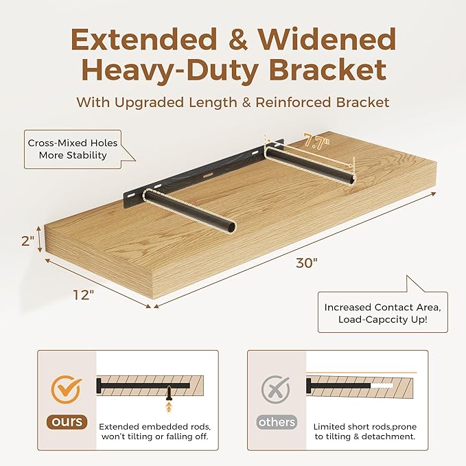 30 Inch Floating Shelves, 12 Inch Deep Floating Shelves for Wall, Rustic Wood 30 x 12 Shelves for Wall Storage & Display, 2 Inch Thicked Floating Shelf for Bathroom, Living Room, Oak Color, 2 Pack-CasaMuseHome