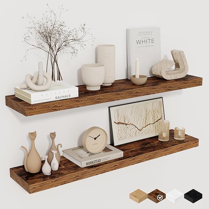 32Inch Floating Shelves for Wall 2 Pack Wood Shelves for Kitchen, Bathroom, Bedroom Wall Mounted Rustic Wood Floating Shelf with Invisible Brackets for Books, Storage, Decor, Rustic Brown-CasaMuseHome
