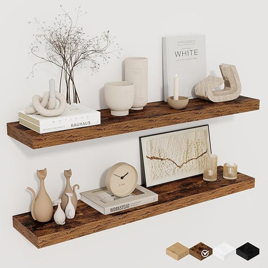 32Inch Floating Shelves for Wall 2 Pack Wood Shelves for Kitchen, Bathroom, Bedroom Wall Mounted Rustic Wood Floating Shelf with Invisible Brackets for Books, Storage, Decor, Rustic Brown-CasaMuseHome