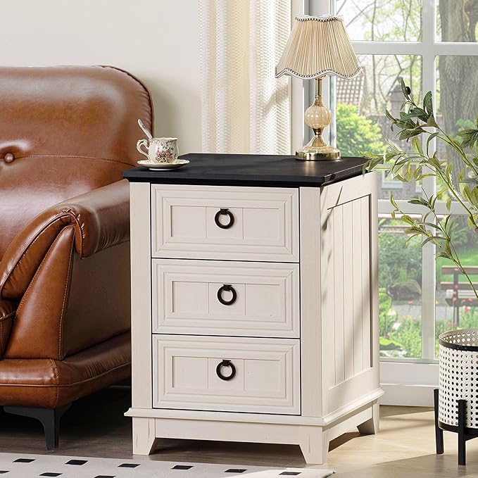 18" Farmhouse Night Stand with 3 Drawers, Wood End Table Dresser for Bedroom, White Nightstand, Bed Side Table with Metal Handle, Bedside Cabinet for Bedroom Living Room, Closet-CasaMuseHome