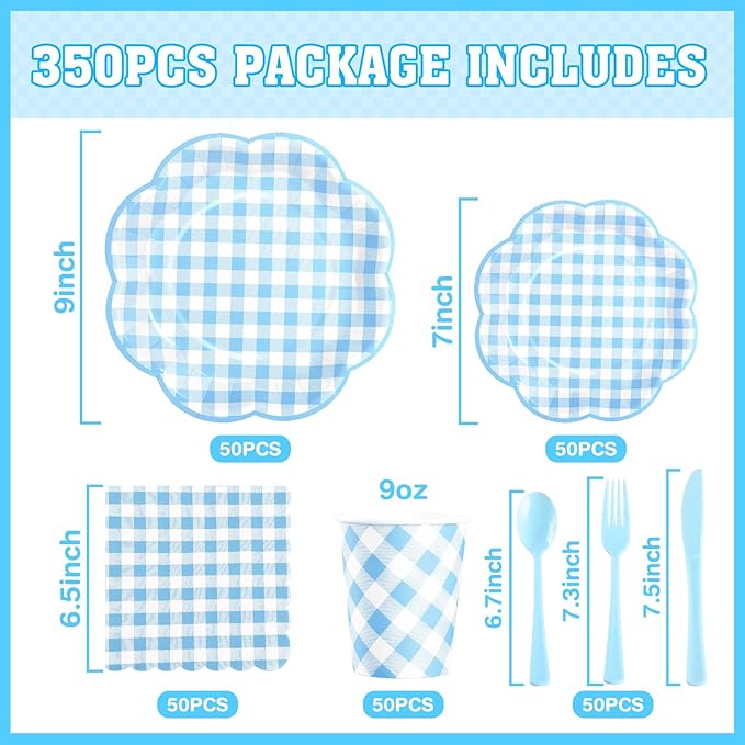 350 Pcs Blue Gingham Plates and Napkins Party Supplies - Blue and White Checkered Plates Sets Serve 50 Guests - Scalloped Gingham Paper Plate for Birthday Dinner Wedding Baby Shower Party Decorations-CasaMuseHome