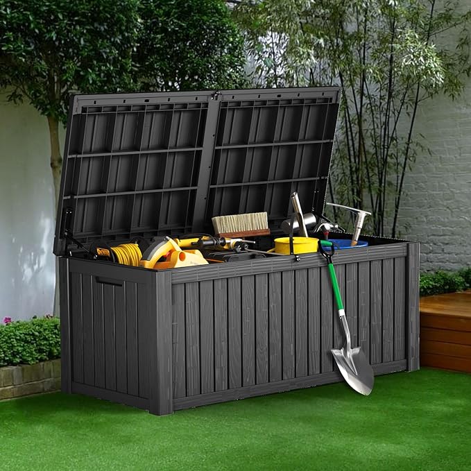 180 Gallon Resin Deck Box, Waterproof Outdoor Storage Bin for Patio Furniture, Pool Accessories, and Garden Tools, Lockable & UV-Resistant, Black-CasaMuseHome