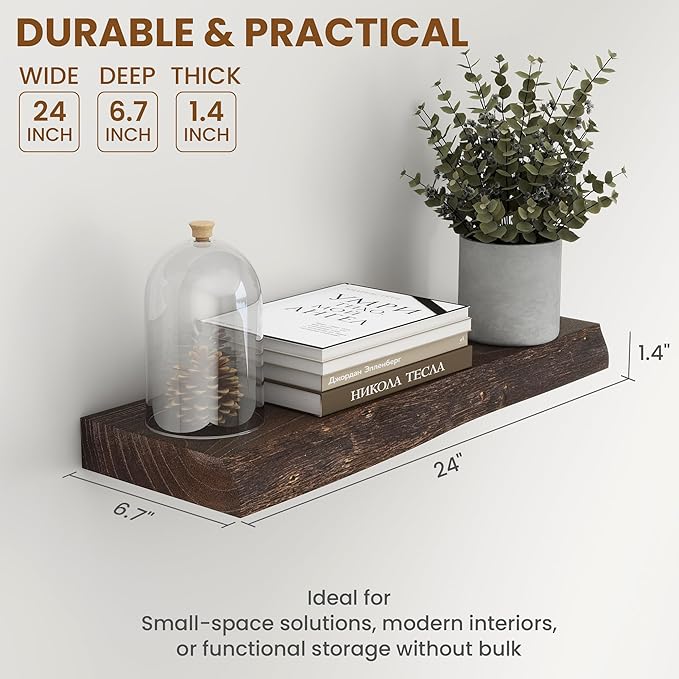 24" Floating Shelves, Live Edge Solid Elm Wood Floating Shelf, Wall Mounted Display Shelves with Heavy-Duty Bracket for Books, Rustic Wooden Shelf for Kitchen, Bathroom, Walnut Color, Set of 2-CasaMuseHome