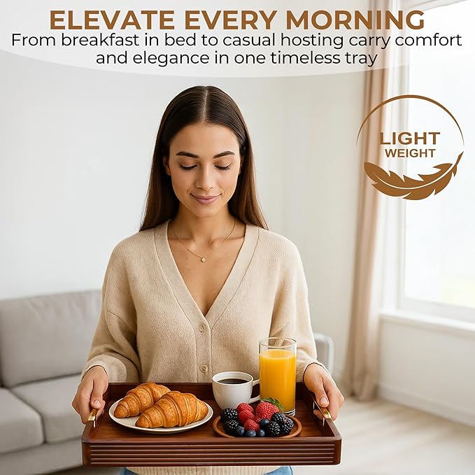 Acacia Wood Serving Tray with Metal Handles – 17x12in Rustic Decorative Ottoman & Coffee Table Tray for Breakfast in Bed, Dinner, Bar, Kitchen, Home Décor & Entertaining-CasaMuseHome