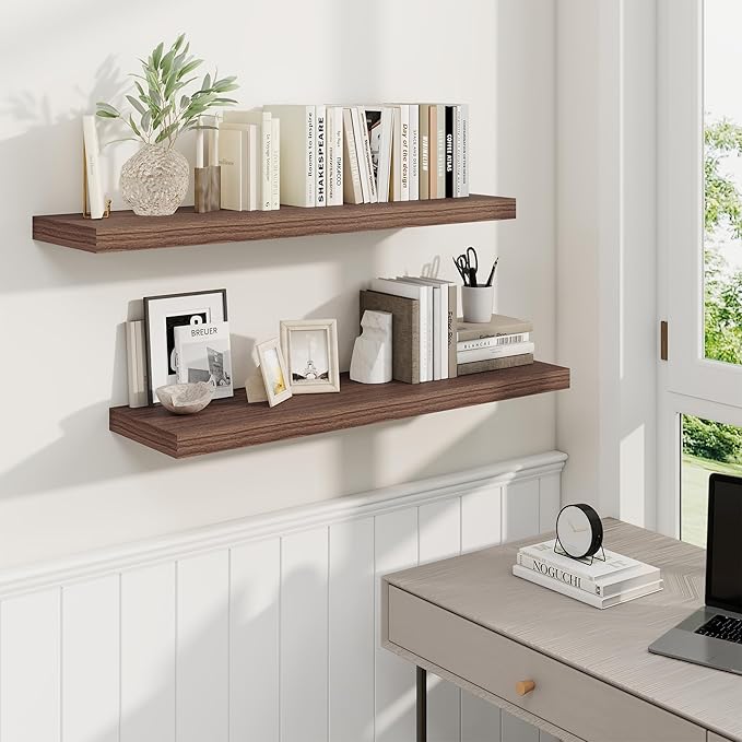 36 Inch Floating Shelves, 9.3 Inch Deep Rustic Wall Shelves - Extra Deeper Wall Mounted Storage Shelves for Bathroom, Kitchen, Living Room (Walnut, Set of 2)-CasaMuseHome