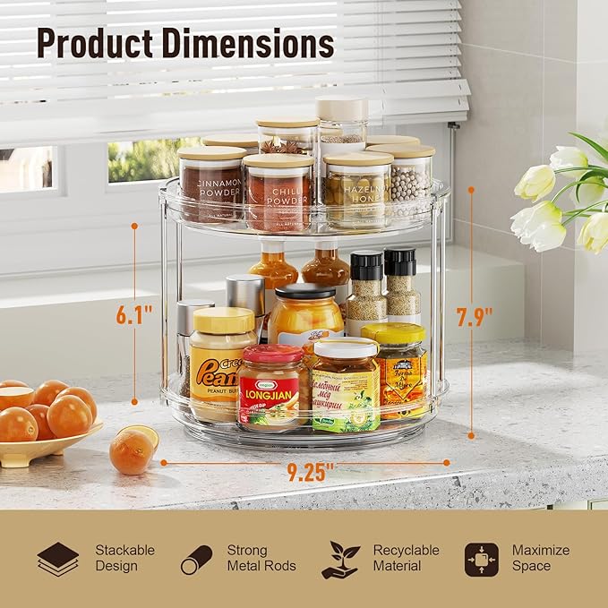 2 Tier Lazy Susan Organizer, 9.25'' Lazy Susan Turntable for Cabinet, Stackable Turntable Organizer Rotating Spice Rack Organization for Kitchen Countertop, Pantry, Bathroom, Clear-CasaMuseHome