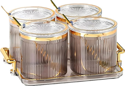 Acrylic Condiment Spice Jars,Condiment Spice Box With Lids and Spoons and Tray,Clear Plastic Condiment Canisters,Seasoning Box 4 Pack,Seasoning Box Set for Kitchen to Storage Salt,Paprika,Sugar-CasaMuseHome