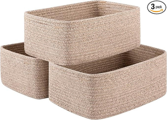 3 Pack Small Storage Baskets for Organizing, Cute Woven Decorative Gift Baskets for Shelves, Mini Closet Organizer Bins with Handles-13''Lx8.66''Wx5.11''H-Brown-CasaMuseHome