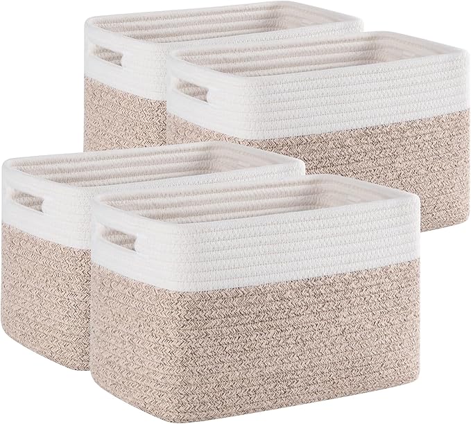 4 Pack Storage Baskets for Organizing, Woven Baskets for Shelves - Perfect for Toys, Books, Towels, and Clothes, Durable Gift Basket Bins Toy Storage, 12.7''Lx9''Wx7.8''H, Brown & White-CasaMuseHome