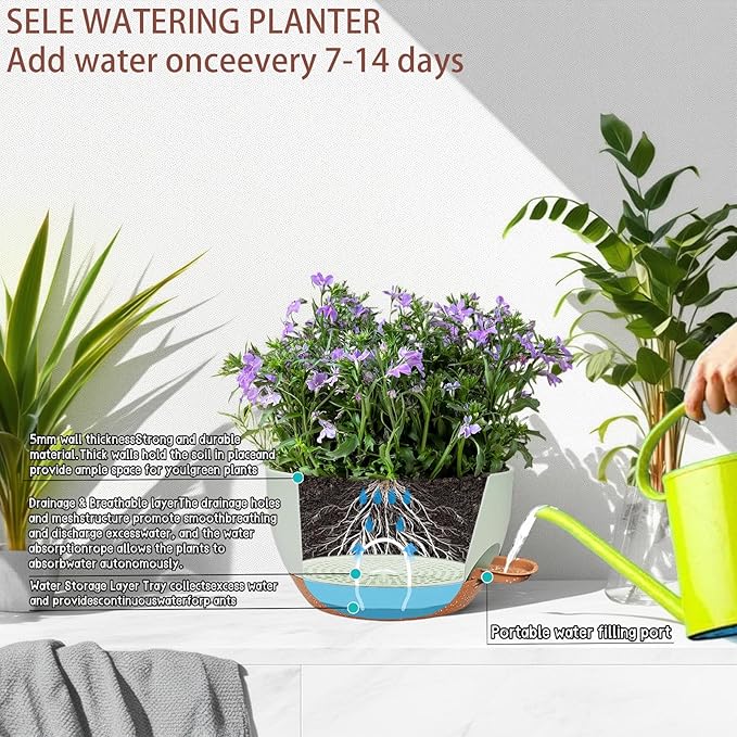 2 Pack 12 Inch Large Hanging Planters with Chains Self Watering Green Brown Plastic Hanging Pots for Indoor Outdoor Plants, Garden Porch Home Decor，Green Brown-CasaMuseHome