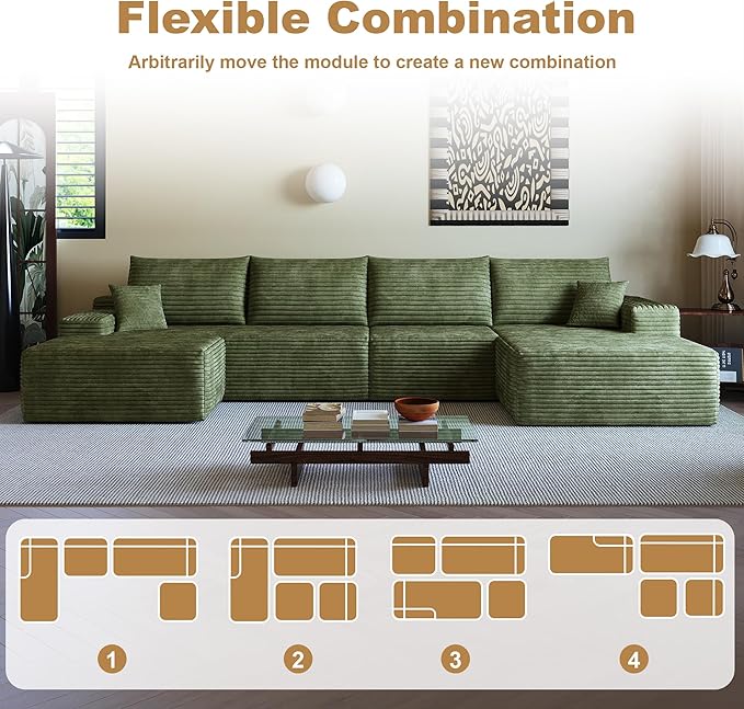 108" Sectional Couches for Living Room Modern Modular Sofa with L-Shape Couchs Upholstered Boneless Couch Deep Seat Sectional Couch with Chaise (Green, Right Facing Chaise+3Seaters+Ottoman)-CasaMuseHome