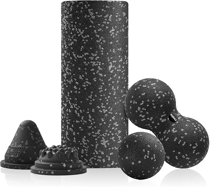5 in 1 Foam Roller Set with Peanut Massage Ball, Curved Muscle Brush - Yoga Roller, Massage Ball, Trigger Point Triangle for Deep Tissue Relief (Black Gray)-CasaMuseHome