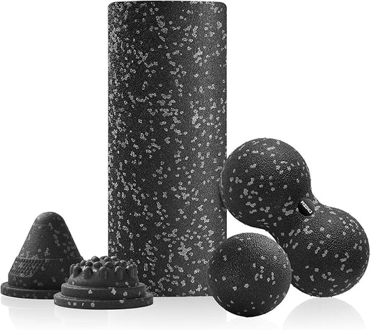 5 in 1 Foam Roller Set with Peanut Massage Ball, Curved Muscle Brush - Yoga Roller, Massage Ball, Trigger Point Triangle for Deep Tissue Relief (Black Gray)-CasaMuseHome