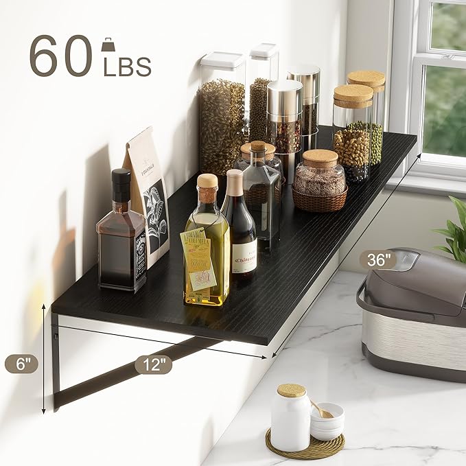 36"W x 12"D Floating Shelves, Black Deep Floating Shelves for Wall with Brackets, 12 Inch Deep Wall Shelves for Books, Wide Display Storage Shelves for Bathroom, Living Room, 36 Inch Long, Set of 2-CasaMuseHome