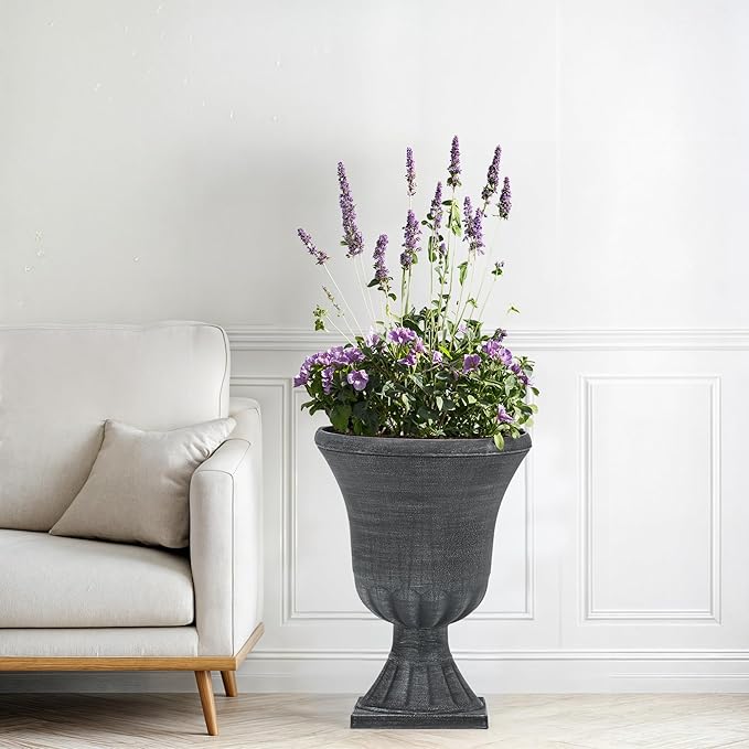 22" Large Urn Planters for Outdoor Plants, Set of 2 Plastic Flower Pot with Handmade Washed Black Finish, Weather-Resistant for Porch, Garden, Patio or Indoor Use-CasaMuseHome