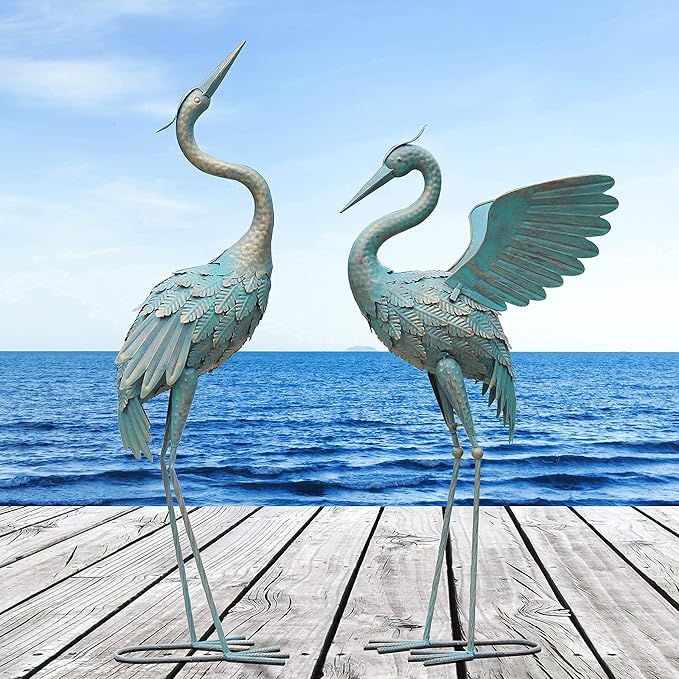 33-37 Inch Metal Crane Garden Statue Décor, Bird Garden Sculpture & Statues, Outdoor Decoration for Yard Patio Lawn Backyard Pool, Vintage Spread Wings Crane, Set of 2-CasaMuseHome