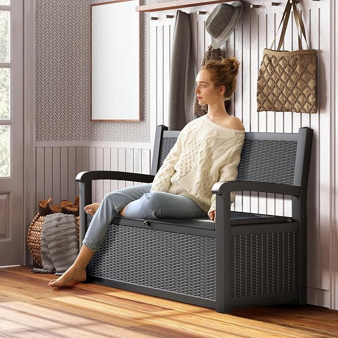 70 Gallon Deck Bench with Storage,Outdoor Storage Box Bench Waterproof&Lockable, Resin Patio Furniture with Armrest for Patio, Porch, Garden,Black-CasaMuseHome