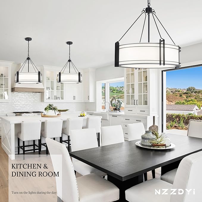 20.4''Drum Chandelier,5-Light Fabric Modern Chandeliers,Black Farmhouse Round Pendant Light Fixture for Dining Room Kitchen Island Living Room Bedroom Hallway-CasaMuseHome