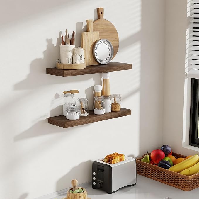 24 Inch Floating Shelves, 8 Inch Deep Floating Shelves for Wall, Hanging Shelf with Invisible Brackets, Deep Shelves for Bathroom, Bedroom, Living Room, Walnut, Set of 2-CasaMuseHome