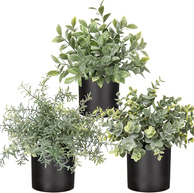 3 Pack Small Fake Plants for Shelf Decor Accents with Plastic Black Pot Artificial Potted Plants for Rustic Farmhouse Decor Faux Plants Indoor Fake Potted Plants Artificial for Home Office Decor-CasaMuseHome