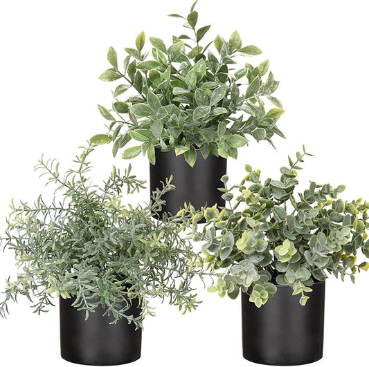 3 Pack Small Fake Plants for Shelf Decor Accents with Plastic Black Pot Artificial Potted Plants for Rustic Farmhouse Decor Faux Plants Indoor Fake Potted Plants Artificial for Home Office Decor-CasaMuseHome