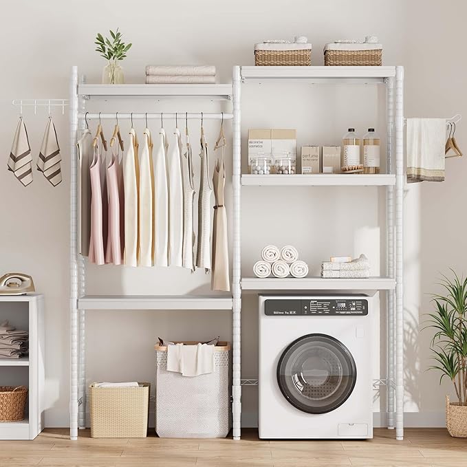 5-Tier Over-The-Washer Shelf - Adjustable 28" Laundry Organizer with 100lb Double Wood Shelves, Space-Saving Storage Unit for Small Homes (White)-CasaMuseHome