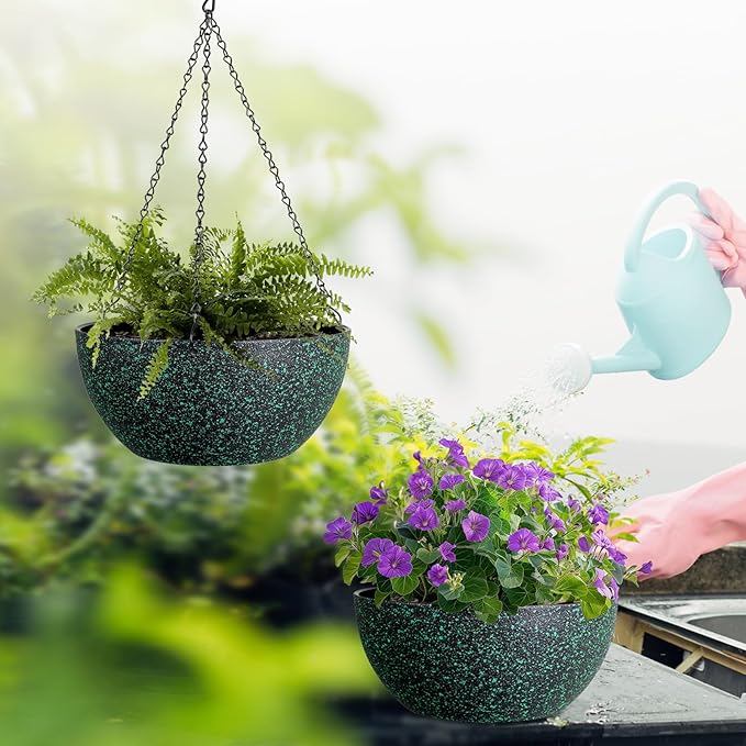 13inch Large Hanging Planters Pots for Outdoor Indoor Plants with Drainage Holes and Chain, 2pack Round Hanging Flower Pots for Garden Home Porch Decor, Black with Green Speckles-CasaMuseHome